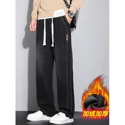 美式復古濶腿男士牛仔褲直筒加絨加厚寬鬆秋冬季新款2024休閒長褲