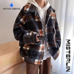 小香風格子毛呢外套男春秋冬季港風潮牌寬鬆加厚保暖休閒繙領夾克