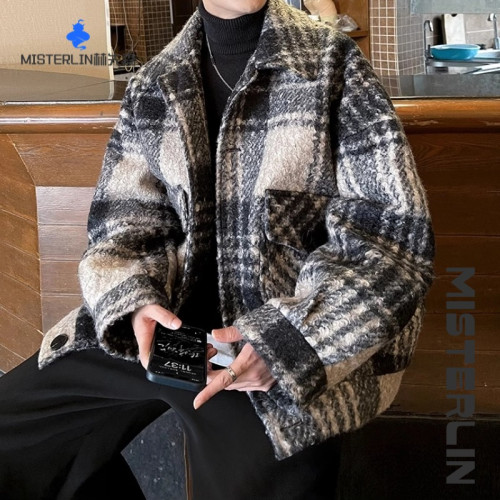 小香風格子毛呢外套男春秋冬季港風潮牌寬鬆加厚保暖休閒繙領夾克