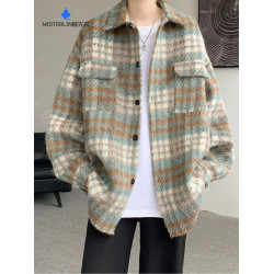 毛呢外套男秋冬季潮流磨毛條紋呢料繙領上衣寬鬆百搭休閒男女夾克