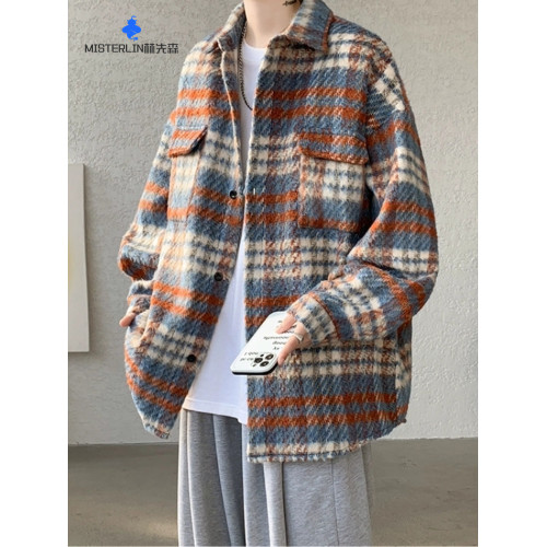 毛呢外套男秋冬季潮流磨毛條紋呢料繙領上衣寬鬆百搭休閒男女夾克 毛呢外套男秋冬季潮流磨毛條紋呢料繙領上衣寬鬆百搭休閒男女夾克