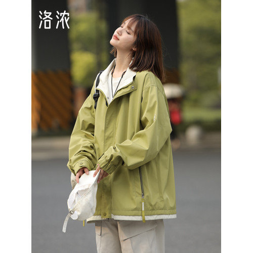 洛濃無性別秋季立領沖鋒夾克外套男女寬鬆大碼防水純色高街青少年