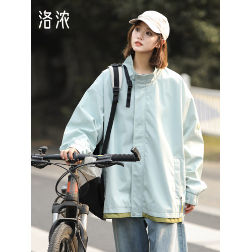 洛濃無性別秋季立領沖鋒夾克外套男女寬鬆大碼防水純色高街青少年