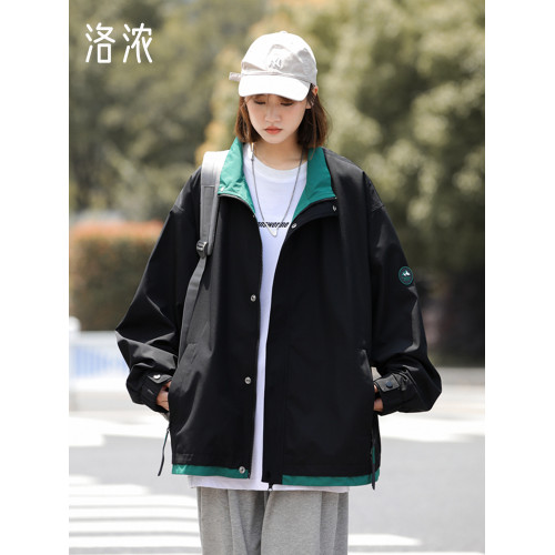 洛濃無性別秋季立領沖鋒夾克外套男女寬鬆大碼防水純色高街青少年