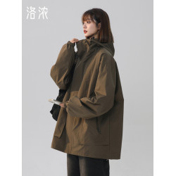 洛濃無性別秋裝新款連帽沖鋒夾克男女防潑水大碼外套純色高街學生
