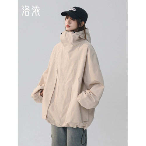 洛濃無性別秋裝新款連帽沖鋒夾克男女防潑水大碼外套純色高街學生