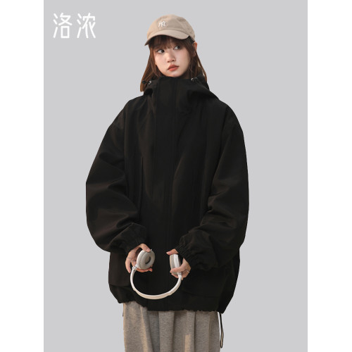 洛濃無性別秋裝新款連帽沖鋒夾克男女防潑水大碼外套純色高街學生