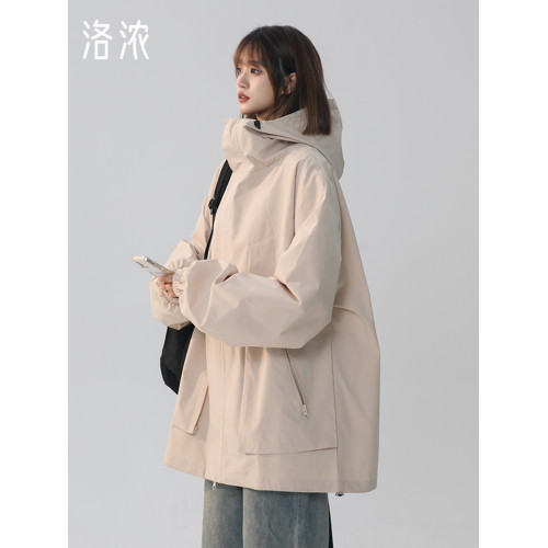 洛濃無性別秋裝新款連帽沖鋒夾克男女防潑水大碼外套純色高街學生