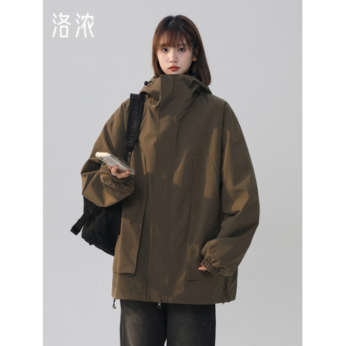 洛濃無性別秋裝新款連帽沖鋒夾克男女防潑水大碼外套純色高街學生