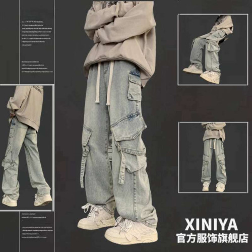 美式工裝牛仔褲男2025新款潮牌直筒微喇褲子vibe復古寬鬆濶腿長褲