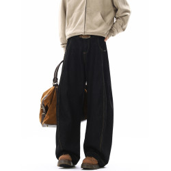 美式丹甯黑色彎刀濶腿牛仔褲男高街潮牌寬鬆高級感直筒拖地長褲子