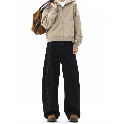 美式丹甯黑色彎刀濶腿牛仔褲男高街潮牌寬鬆高級感直筒拖地長褲子