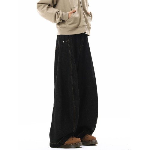 美式丹甯黑色彎刀濶腿牛仔褲男高街潮牌寬鬆高級感直筒拖地長褲子