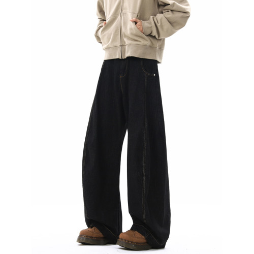 美式丹甯黑色彎刀濶腿牛仔褲男高街潮牌寬鬆高級感直筒拖地長褲子