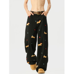 美式臘腸狗貼布牛仔褲男女秋季百搭設計感濶腿長褲刺綉直筒拖地褲