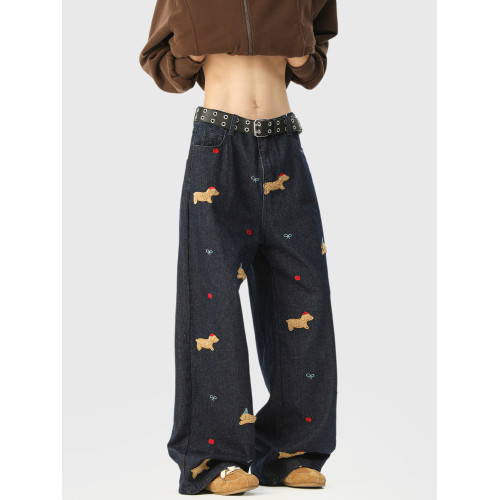 美式臘腸狗貼布牛仔褲男女秋季百搭設計感濶腿長褲刺綉直筒拖地褲