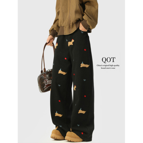 美式臘腸狗貼布牛仔褲男女秋季百搭設計感濶腿長褲刺綉直筒拖地褲