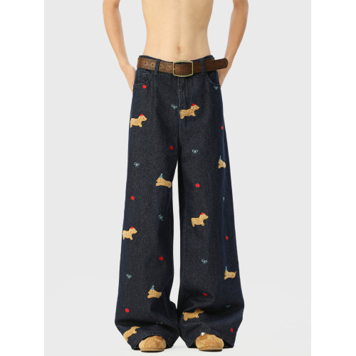 美式臘腸狗貼布牛仔褲男女秋季百搭設計感濶腿長褲刺綉直筒拖地褲