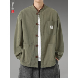 風復古盤釦唐裝外套春秋男立領百搭改良漢服寬鬆大碼休閒夾克