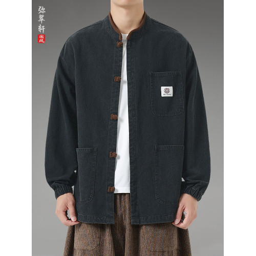 風復古盤釦唐裝外套春秋男立領百搭改良漢服寬鬆大碼休閒夾克