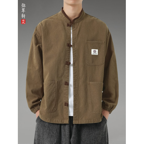 風復古盤釦唐裝外套春秋男立領百搭改良漢服寬鬆大碼休閒夾克