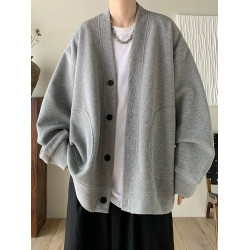 純黑色日系慵懶風外套男潮高級感華夫格V領針織開衫情侶春秋夾克