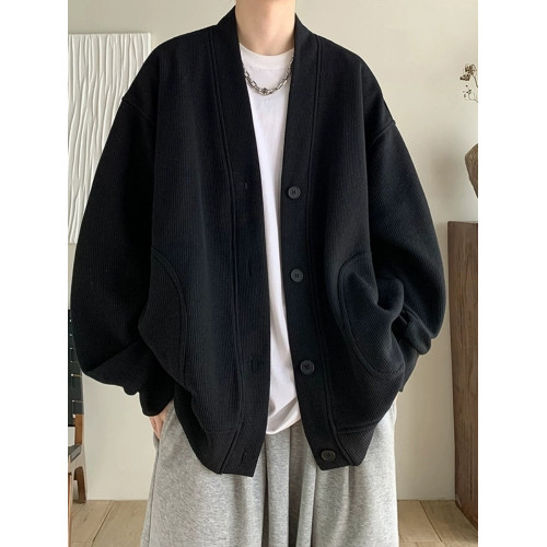 純黑色日系慵懶風外套男潮高級感華夫格V領針織開衫情侶春秋夾克