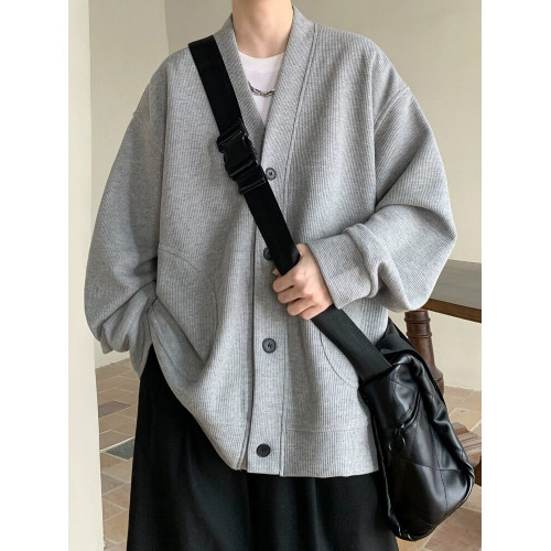 純黑色日系慵懶風外套男潮高級感華夫格V領針織開衫情侶春秋夾克