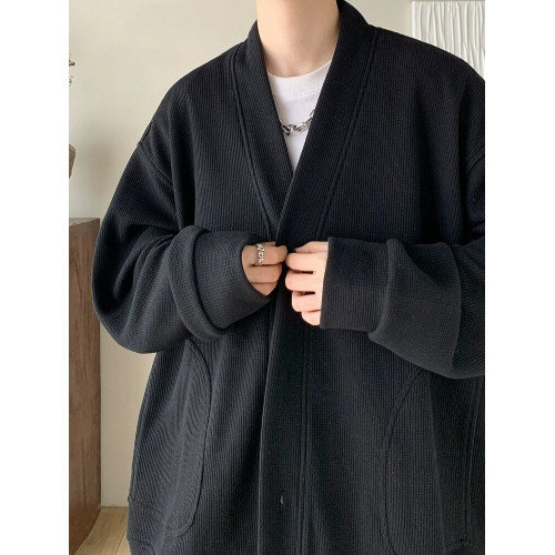 純黑色日系慵懶風外套男潮高級感華夫格V領針織開衫情侶春秋夾克