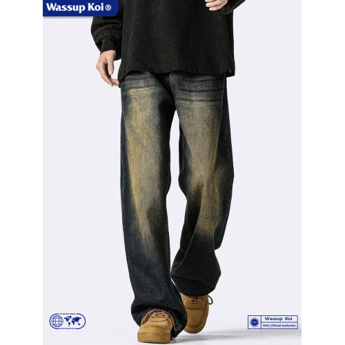 WASSUP KOI復古做舊水洗直筒牛仔褲男秋季美式高街寬鬆濶腿褲子潮