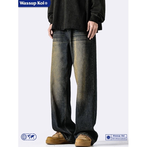 WASSUP KOI復古做舊水洗直筒牛仔褲男秋季美式高街寬鬆濶腿褲子潮