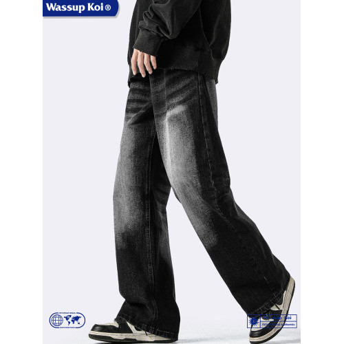 WASSUP KOI復古做舊水洗直筒牛仔褲男秋季美式高街寬鬆濶腿褲子潮