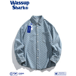 Wassup Shark潮牌水洗提花牛仔襯衫外套男春秋季休閒寬鬆滿花襯衣
