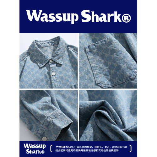 Wassup Shark潮牌水洗提花牛仔襯衫外套男春秋季休閒寬鬆滿花襯衣
