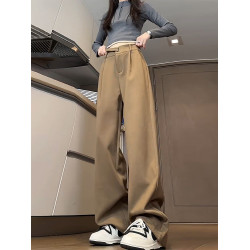 米白色直筒加絨褲子男款秋冬垂感直筒濶腿毛呢西褲高腰微喇西裝褲