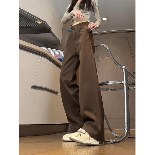 米白色直筒加絨褲子男款秋冬垂感直筒濶腿毛呢西褲高腰微喇西裝褲