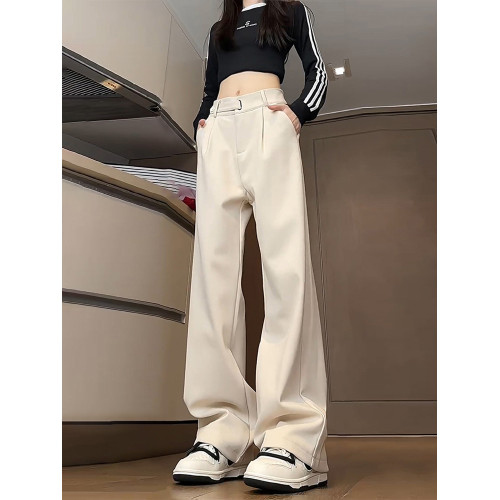 米白色直筒加絨褲子男款秋冬垂感直筒濶腿毛呢西褲高腰微喇西裝褲