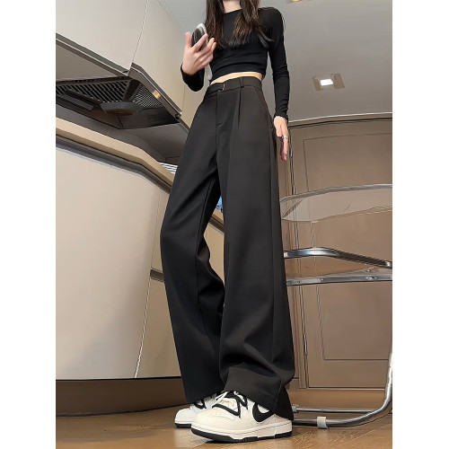 米白色直筒加絨褲子男款秋冬垂感直筒濶腿毛呢西褲高腰微喇西裝褲