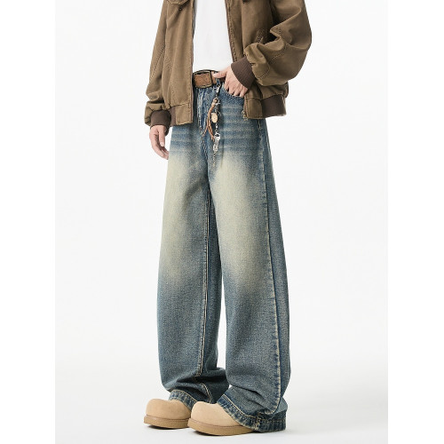 悟空有貨美式高街水洗直筒牛仔褲男寬鬆cleanfit濶腿百搭拖地長褲