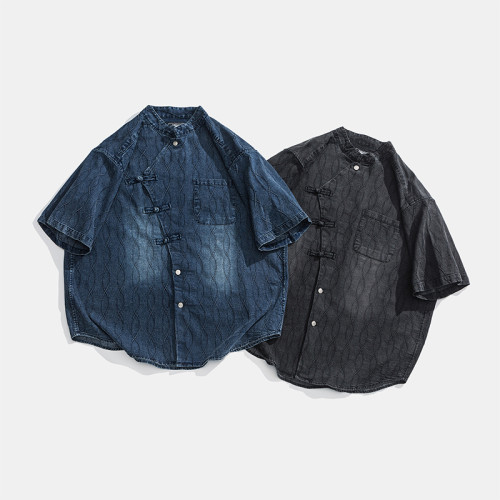 HAODIPAUL美式復古潮牌新中式斜釦設計休閒寬鬆百搭短袖襯衫男女