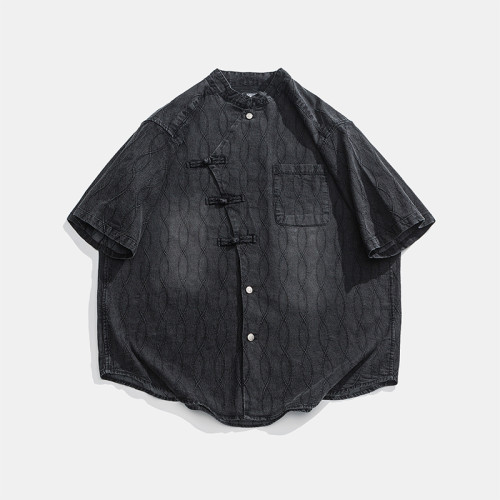 HAODIPAUL美式復古潮牌新中式斜釦設計休閒寬鬆百搭短袖襯衫男女