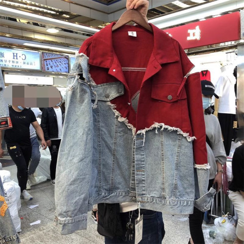 特大碼300斤撞色拼接假兩件牛仔夾克男女裝春秋季小衆設計感外套2