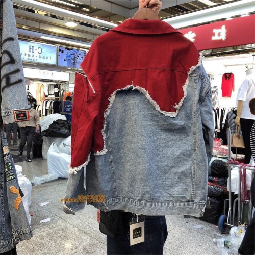 特大碼300斤撞色拼接假兩件牛仔夾克男女裝春秋季小衆設計感外套2