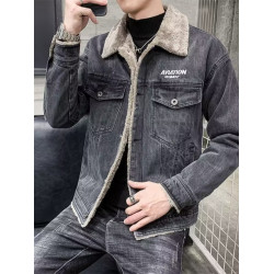 2025冬季新款牛仔外套男士繙領休閒夾克加絨加厚冬款羊羔毛絨棉服