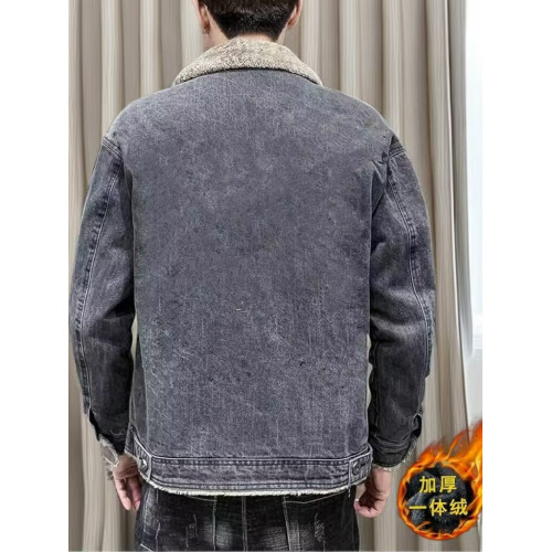 2025冬季新款牛仔外套男士繙領休閒夾克加絨加厚冬款羊羔毛絨棉服