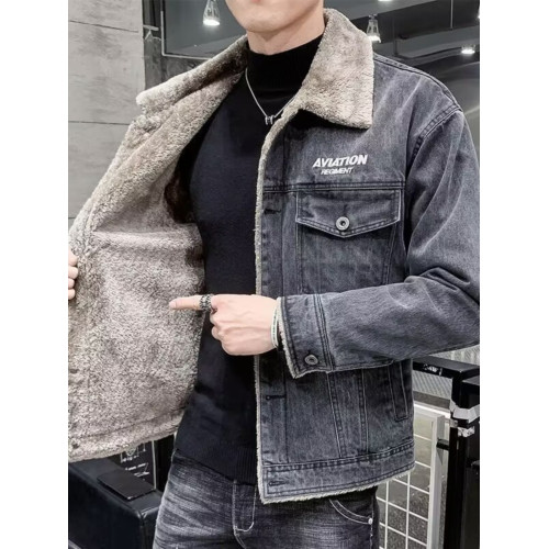 2025冬季新款牛仔外套男士繙領休閒夾克加絨加厚冬款羊羔毛絨棉服