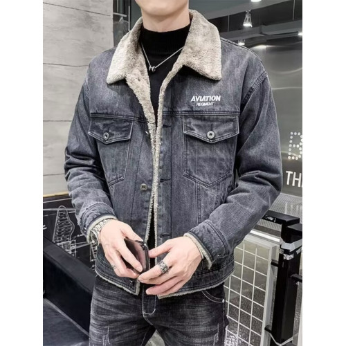 2025冬季新款牛仔外套男士繙領休閒夾克加絨加厚冬款羊羔毛絨棉服