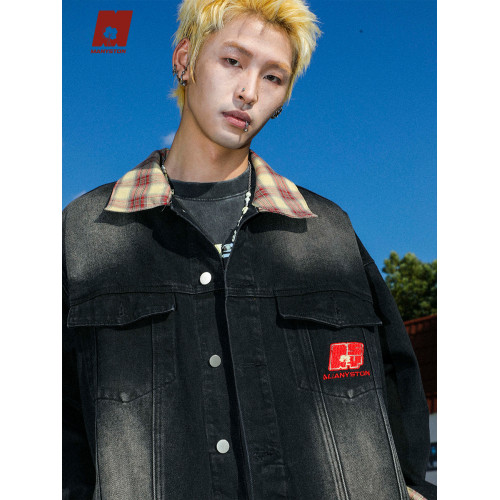 MANYSTON美式復古繙領休閒外套男生春秋款潮牌歐美街頭牛仔夾克衫