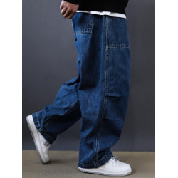 春秋新款美式復古水洗多口袋工裝牛仔褲男士潮牌寬鬆濶腿褲老爹褲