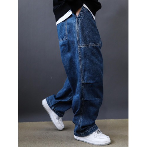 春秋新款美式復古水洗多口袋工裝牛仔褲男士潮牌寬鬆濶腿褲老爹褲